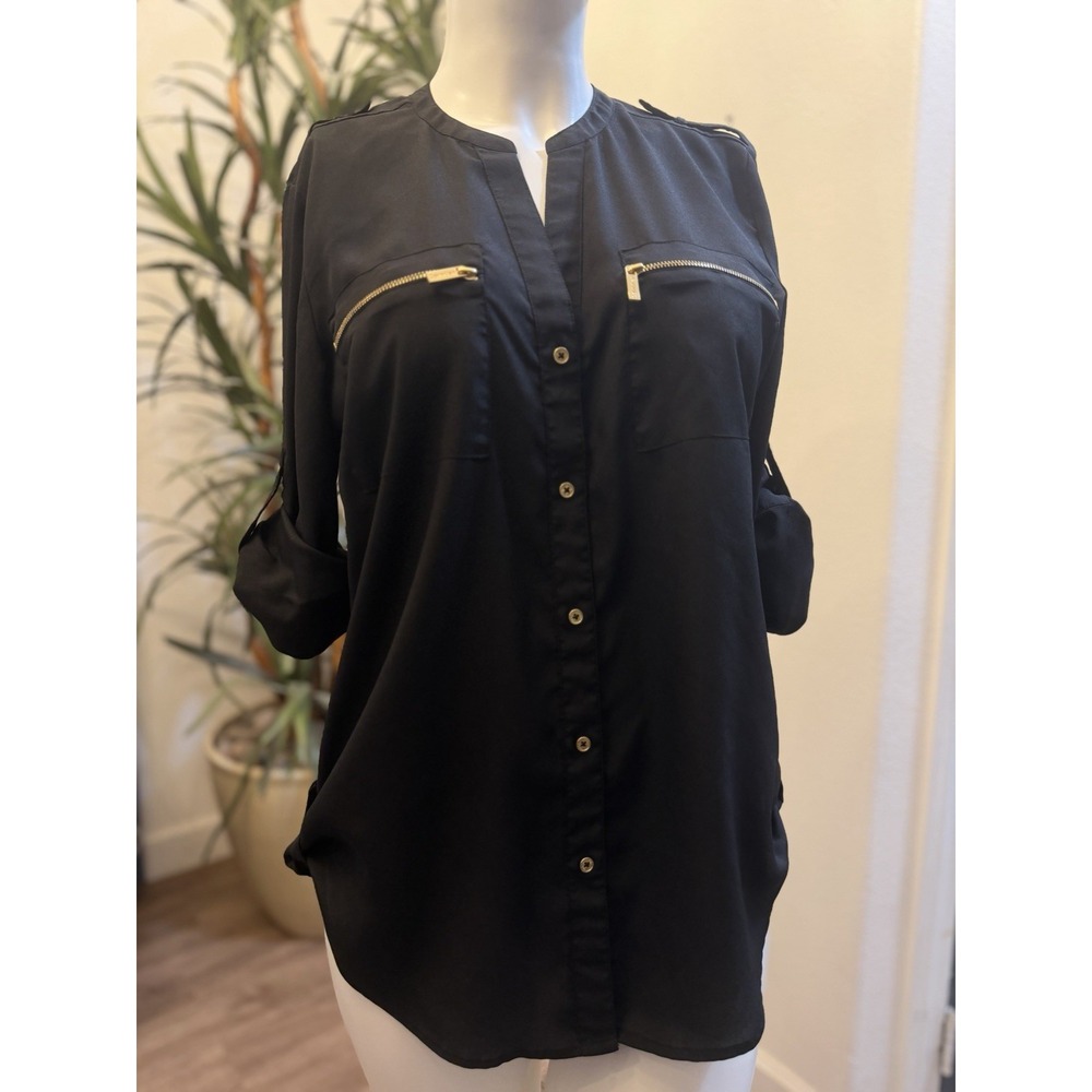 Calvin Klein Zip Pocket Blouse Sz M Button Front Career Office Roll Tab Sleeve - Picture 2 of 13